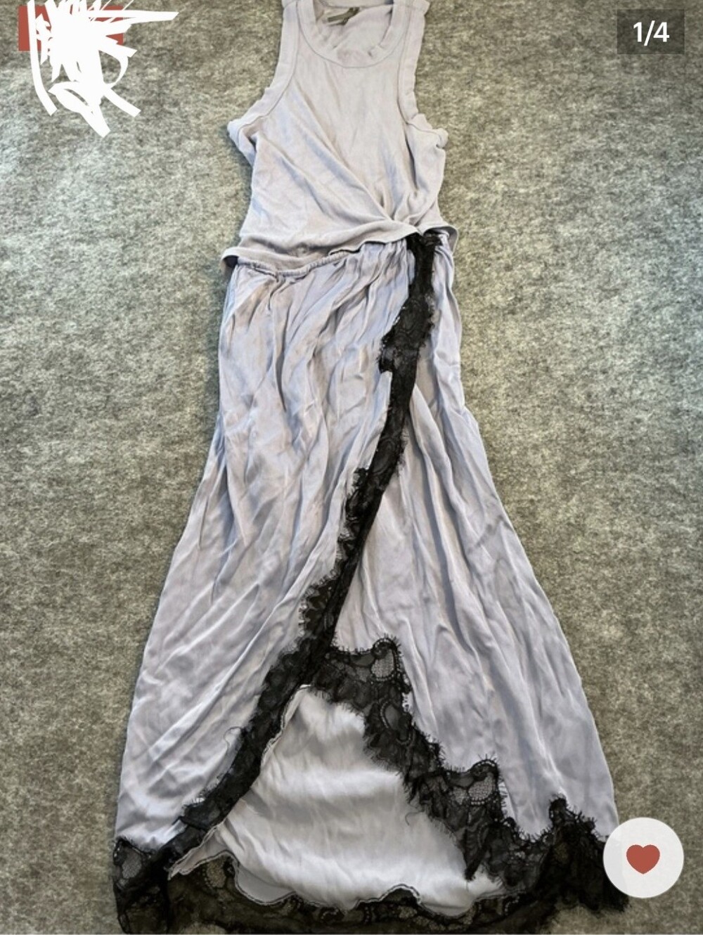 Anthropologie Sleeveless Light Gray Maxi Dress with Black Lace Trim
